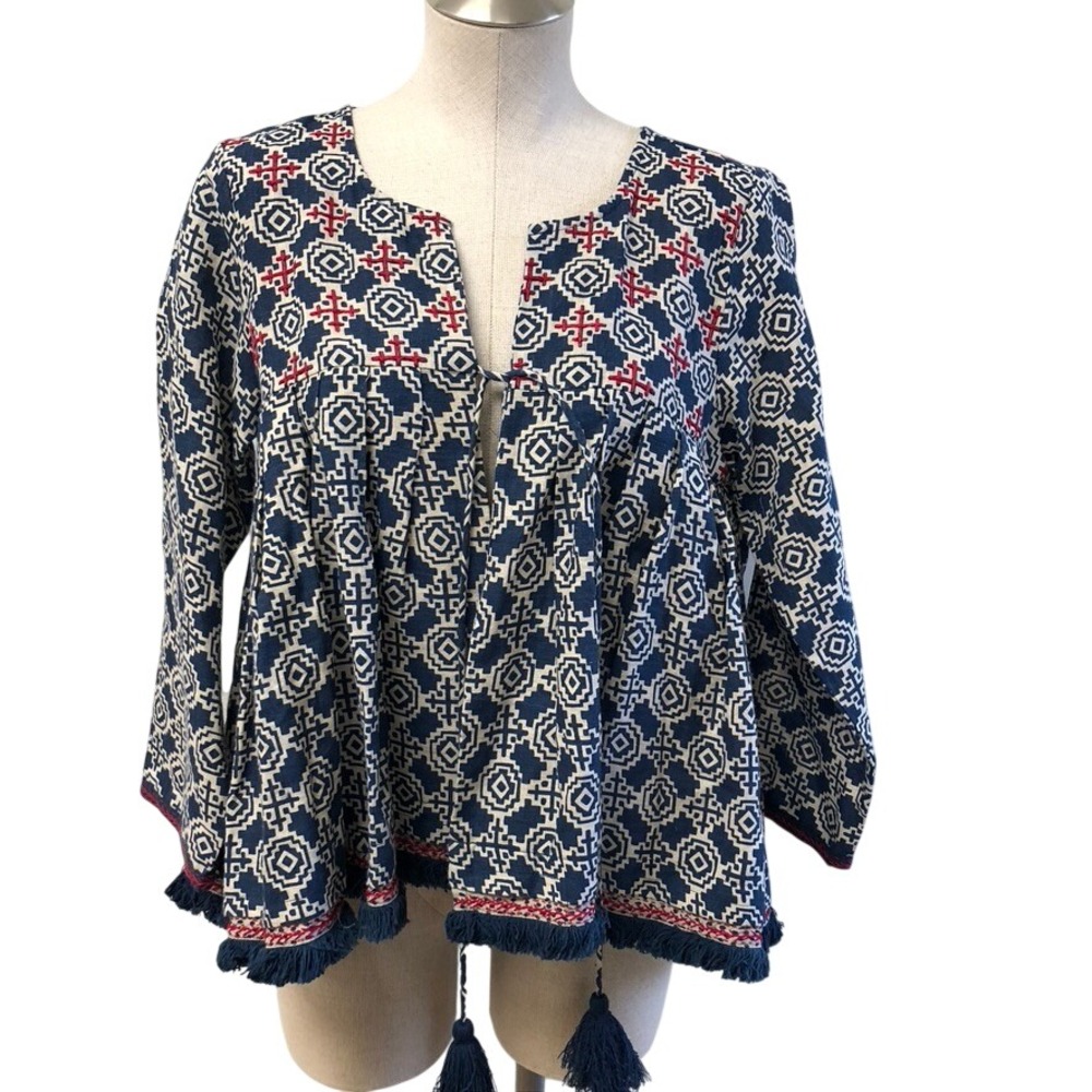 Alamwar Walk The Earth Linen Blouse Womens Medium Blue Geometric Boho Tassel Top
